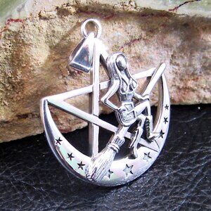 Solid 925 Sterling Silver Salem Witch on Broom Crescent Moon Pentagram Pendant